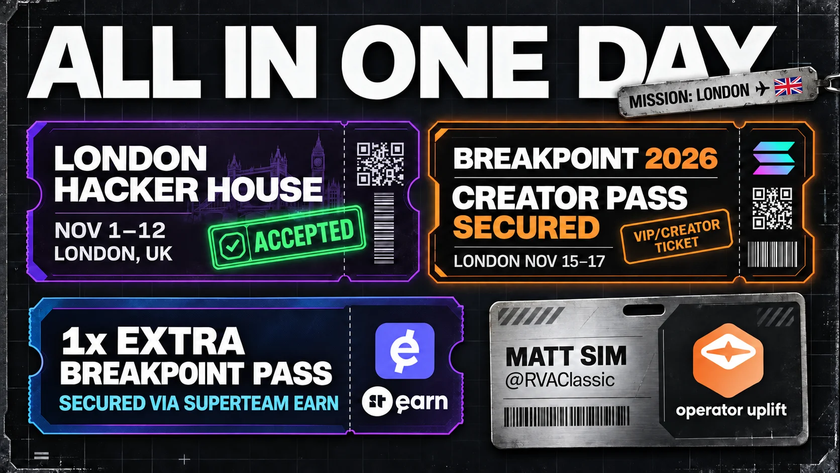 All in one day: London Hacker House accepted, November 1–12; Breakpoint 2026 Creator Pass secured, November 15–17; one extra Breakpoint pass secured via Superteam Earn; Matt Sim, @RVAClassic, founder of Operator Uplift.
