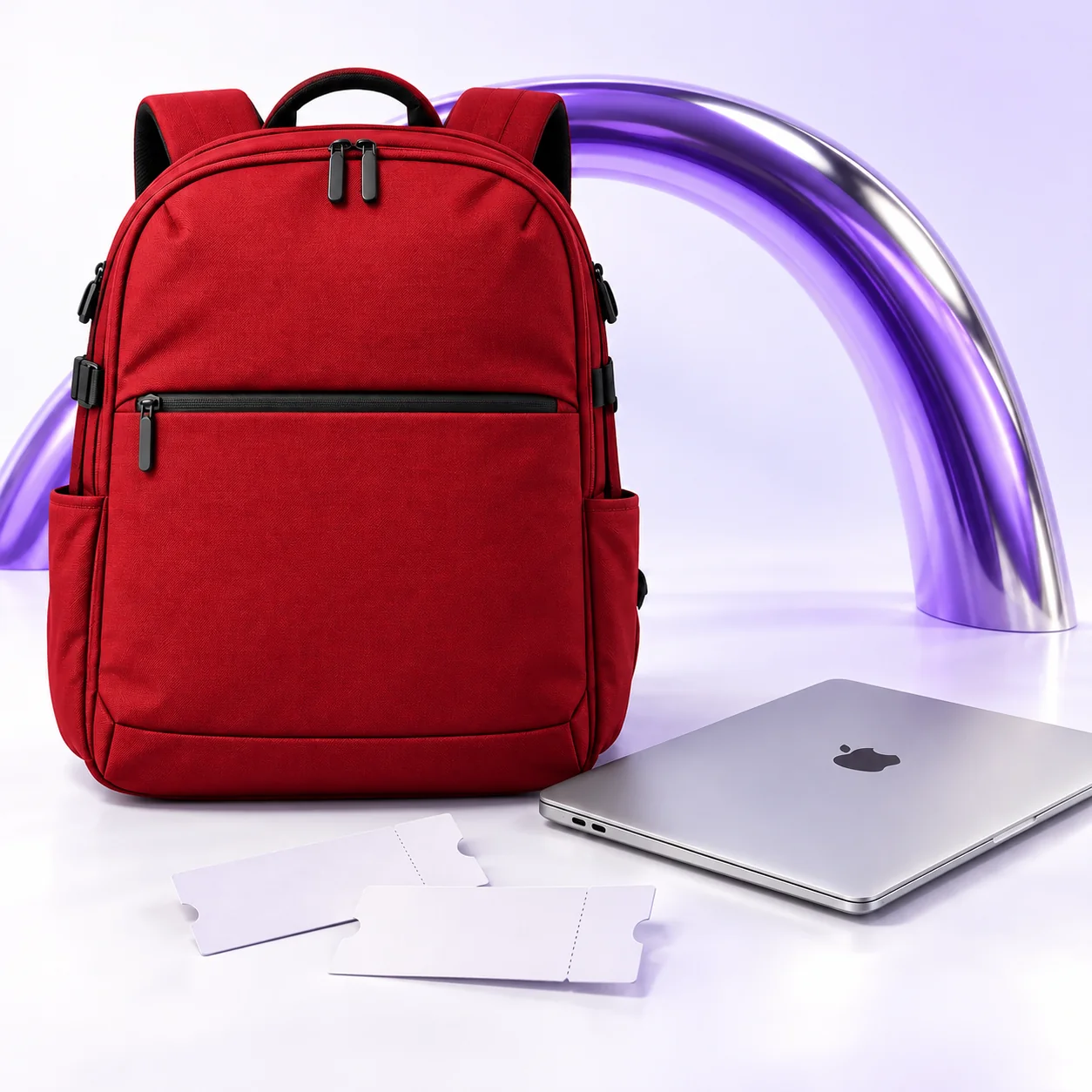 A red travel backpack, silver MacBook, and two blank tickets in a bright purple studio scene