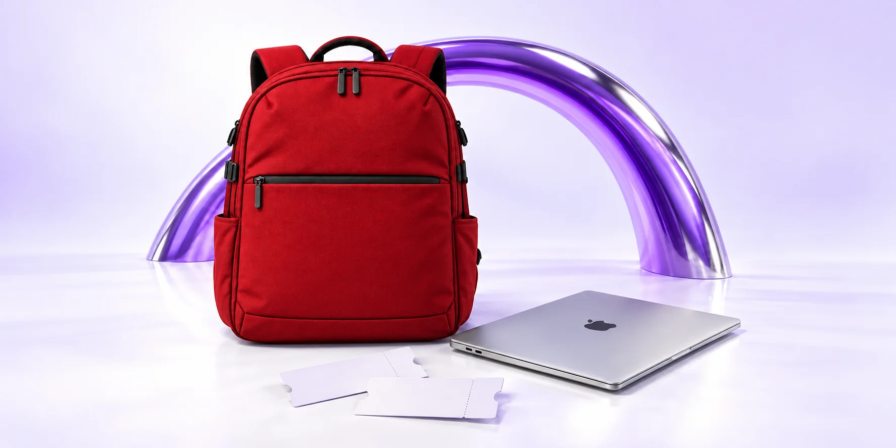 Red backpack and silver MacBook with two tickets